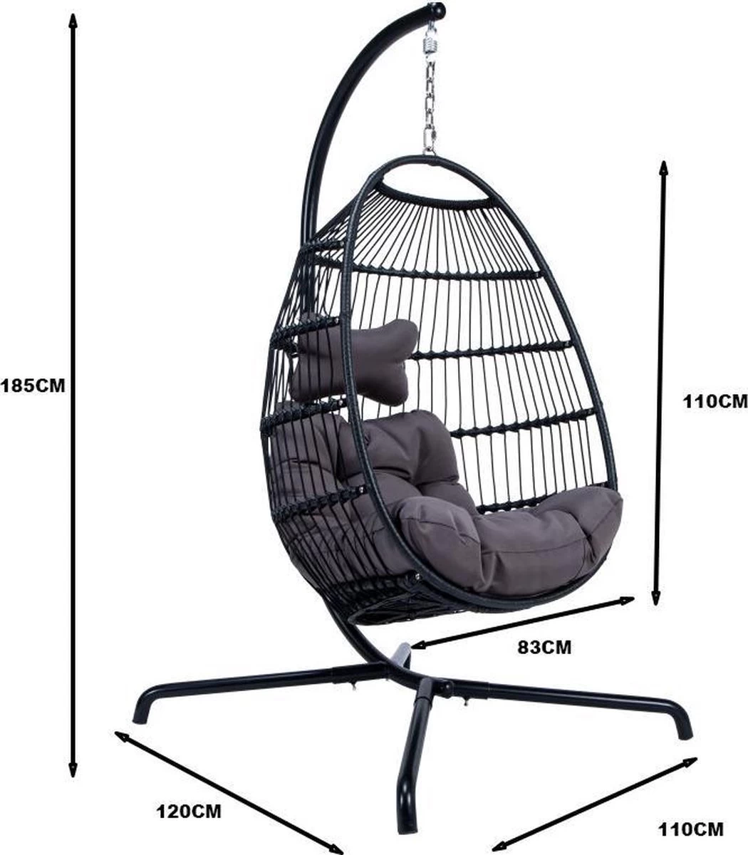 Merkloos Hangstoel Norway - Zwart Wicker & Touw Luxe Egg Hangstoel Met Dikke Antraciete Kussens Met Frame - Inklapbare Basket - Image 2