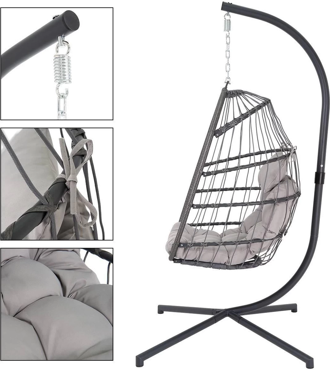 Pro Garden Lowander Hangstoel Egg 191x126x126- Schommelstoel Met Rattan Cocoon En Robuust Stalen Standaard Incl. Kussens - Volledig Inklapbaar - Lichtgrijs - Image 12