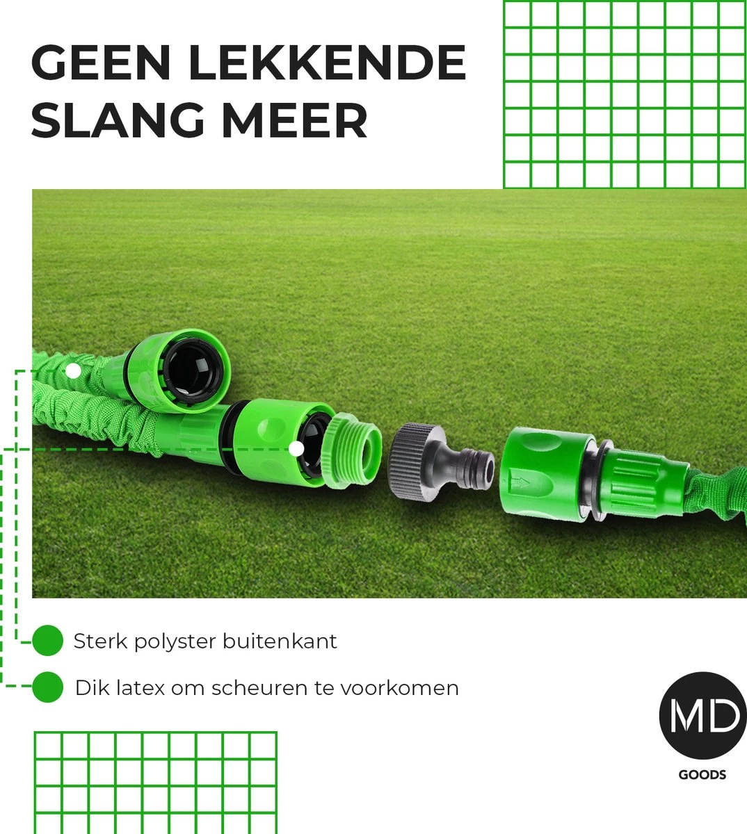 Uitrekbare Tuinslang Tot 15 Meter Van MD-goods ® - Tuinsproeier - Tuin Besproeien - Waterslang - Sproeikop - Groen - Flexibel Elastisch - Image 3