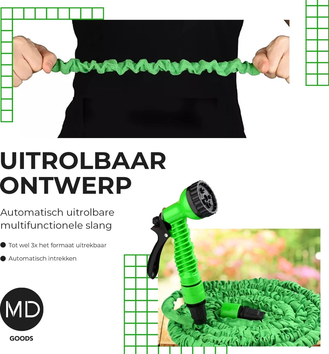Uitrekbare Tuinslang Tot 15 Meter Van MD-goods ® - Tuinsproeier - Tuin Besproeien - Waterslang - Sproeikop - Groen - Flexibel Elastisch - Image 5