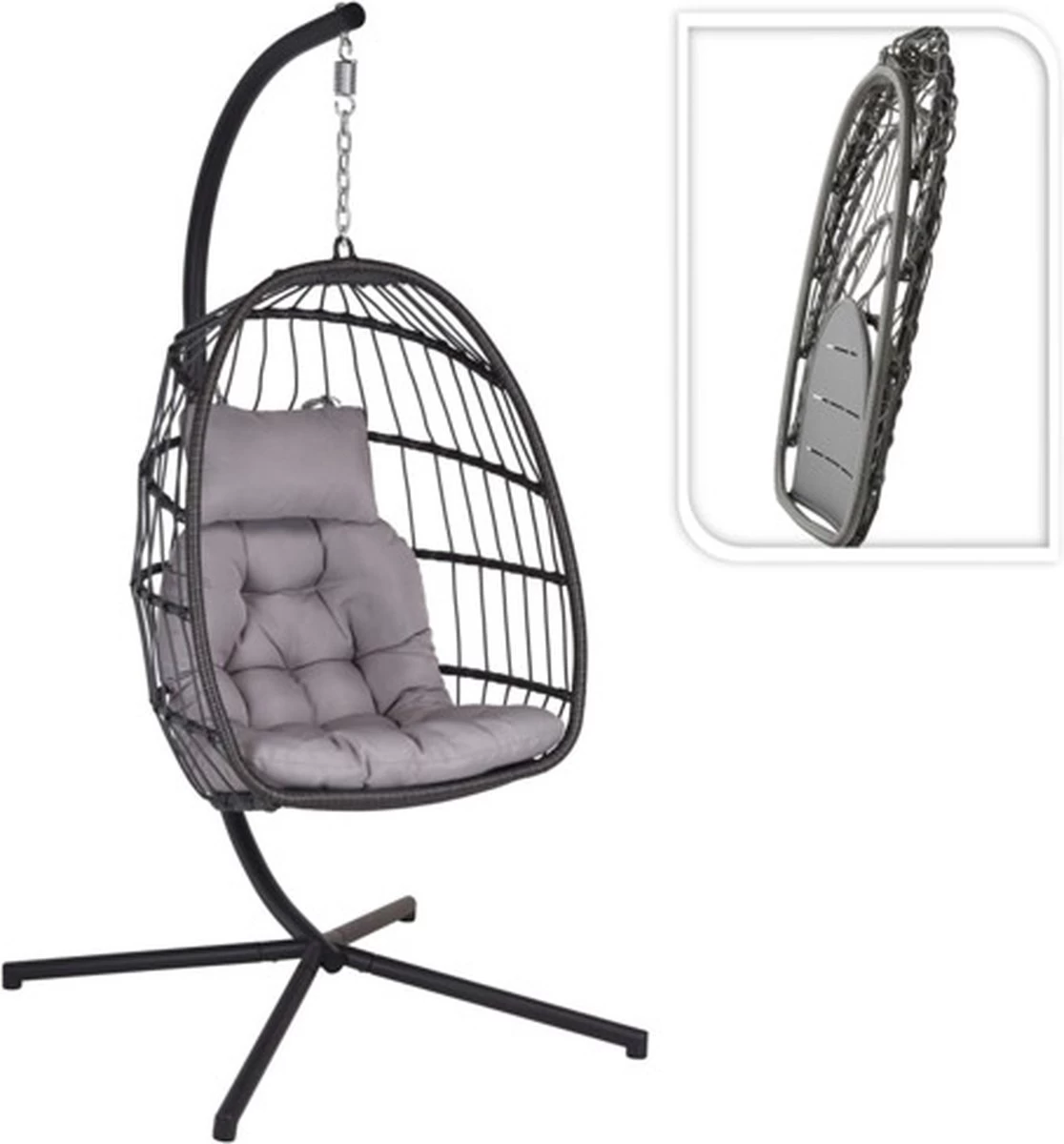 Pro Garden Lowander Hangstoel Egg 191x126x126- Schommelstoel Met Rattan Cocoon En Robuust Stalen Standaard Incl. Kussens - Volledig Inklapbaar - Lichtgrijs - Image 9