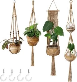 4 Stuks Plantenhangers - Boho Handgeweven Katoen Hangpot Voor Binnen/Buiten - Bloempot Met Kralen - Macramé Touw/Koord Hangplant Houder - Bohemian Wandhanger Decoratie - Verticale Tuin Plant Hanger Bloempothouder Planthanger
