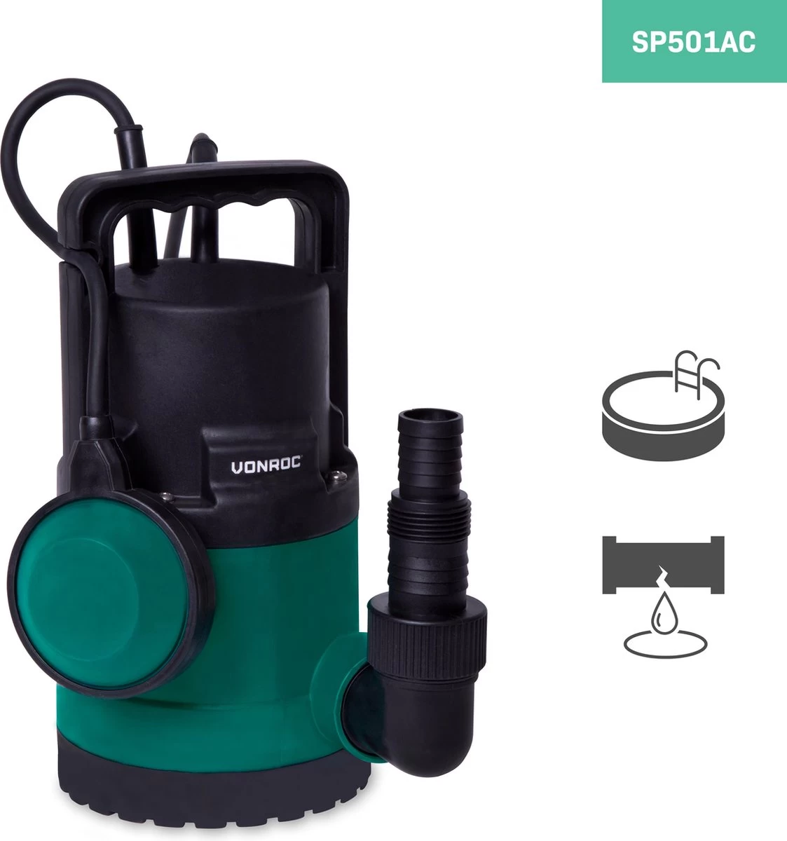 VONROC Dompelpomp/Waterpomp 300W - 6500l/h - Voor Schoon En Licht Vervuild Water - Met Vlotter - Image 5