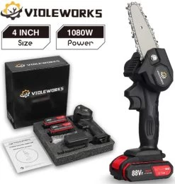 Violeworks® Accu Kettingzaag - Snoeizaag - Mini Kettingzaag - Handkettingzaag - Ook Voor Makita - Elektrische Kettingzaag - Elektrische Snoeischaar - Op Batterij - 2900 MAh - 1080W - 88V