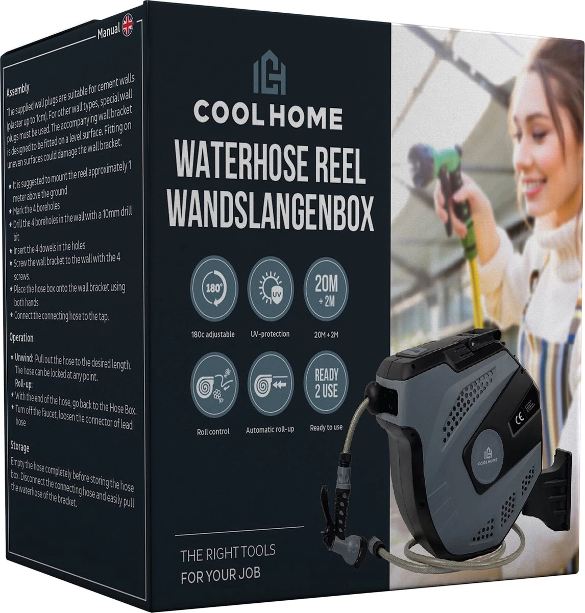 CoolHome - Wandslangenbox 20 Meter + 2 Meter - Tuinslang Met Haspel- Slangenhouder 180° Draaibaar - Tuinslanghaspel Zwart - Grijs - Image 9