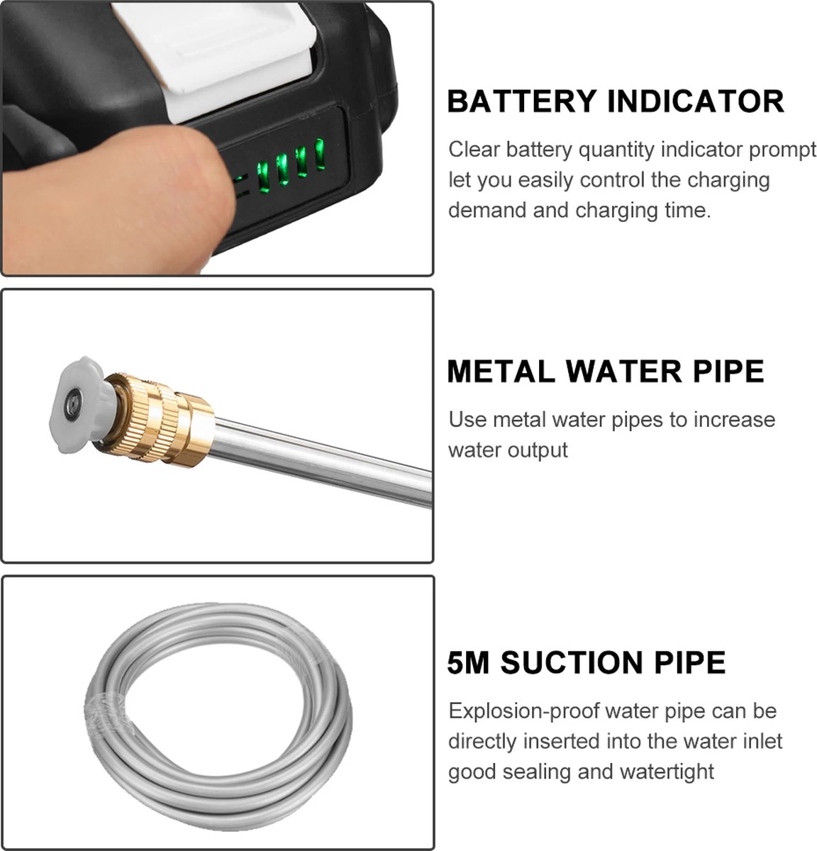 Merkloos Elektrische Accu-Hogedrukreiniger - 1.2mpa - Multifunctioneel Mondstuk - Draagbaar Oplaadbaar Snoerloos - Reinigingsspuitpistool - Met Rijke Accessoires - Voor Auto, Tuin, Terras, Raam - Zwart - Image 9