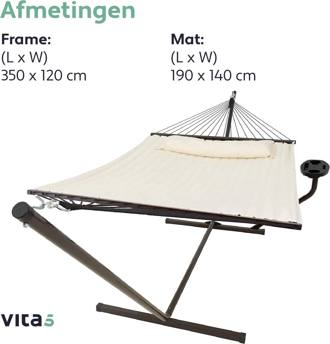 Vita5 Hangmat Met Standaard En Spreidstok – 2 Persoons – Incl. Bekerhouder - Afneembaar Kussen – Uv-bestendig – Beige - Image 9