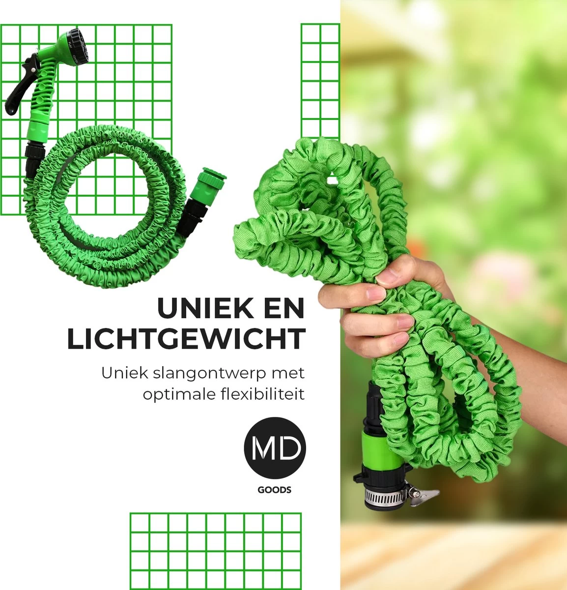 Uitrekbare Tuinslang Tot 15 Meter Van MD-goods ® - Tuinsproeier - Tuin Besproeien - Waterslang - Sproeikop - Groen - Flexibel Elastisch - Image 7