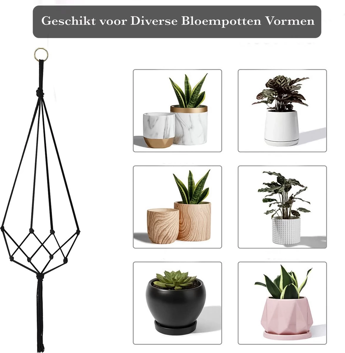 9 Stuks Zwart Macrame Plantenhangers - Boho Handgeweven Katoen Hangpot Voor Binnen/Buiten - Hangende Bloempot Met Kralen - Macramé Touw/Koord Hangplant Houder - Bohemian Wandhanger Decoratie - Plant Hanger - Verticale Tuin Bloempothouder Planthanger - Image 5