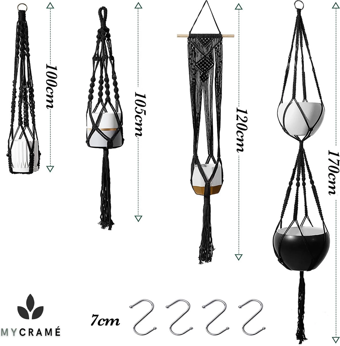 4 Stuks Luxe Macrame Plantenhangers - Boho Handgeweven Katoen Hangpot Voor Binnen/Buiten - Hangende Bloempot Met Kralen - Macramé Touw/Koord Hangplant Houder - Bohemian Wandhanger Decoratie - Plant Hanger - Verticale Tuin Bloempothouder Planthanger - Image 7