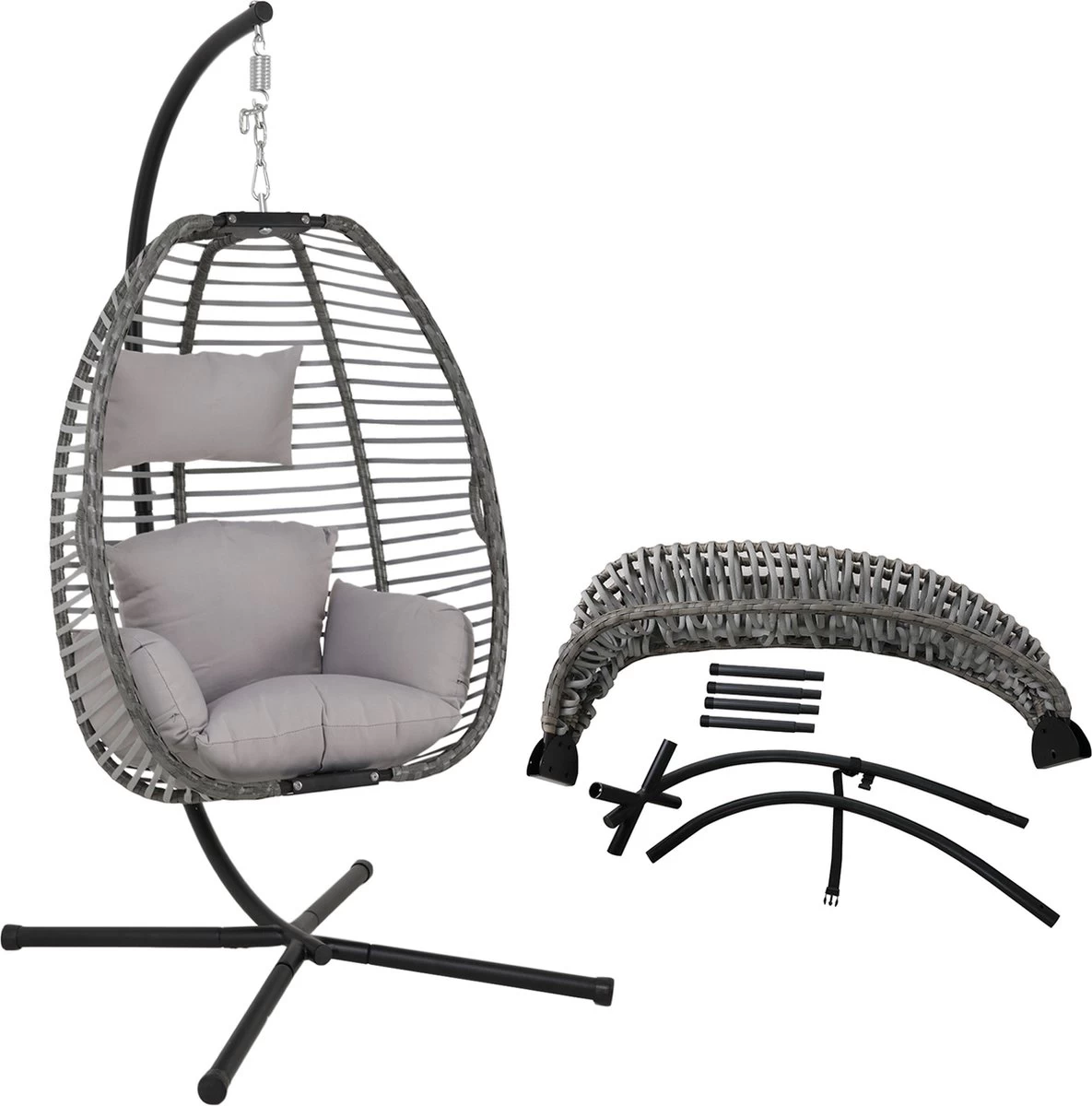 Pro Garden Lowander Hangstoel Egg 191x126x126- Schommelstoel Met Rattan Cocoon En Robuust Stalen Standaard Incl. Kussens - Volledig Inklapbaar - Lichtgrijs - Image 3