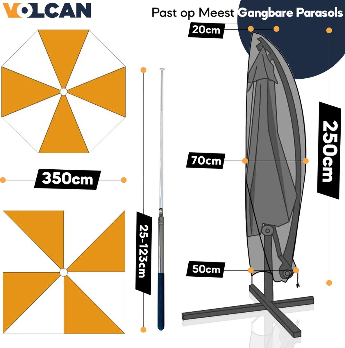 Volcan Parasolhoes Voor Zweefparasol - Tot 300cm - Waterdicht - Oxford 420D - Met Rits, Trekkoord En Stok - Zwart - Image 3