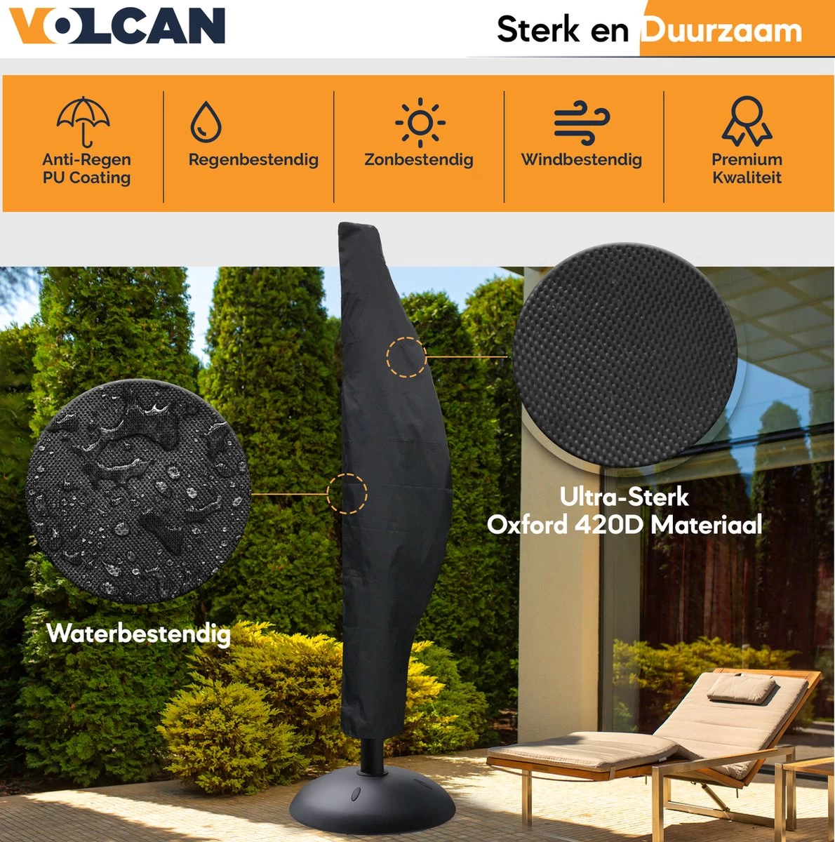 Volcan Parasolhoes Voor Zweefparasol - Tot 300cm - Waterdicht - Oxford 420D - Met Rits, Trekkoord En Stok - Zwart - Image 4