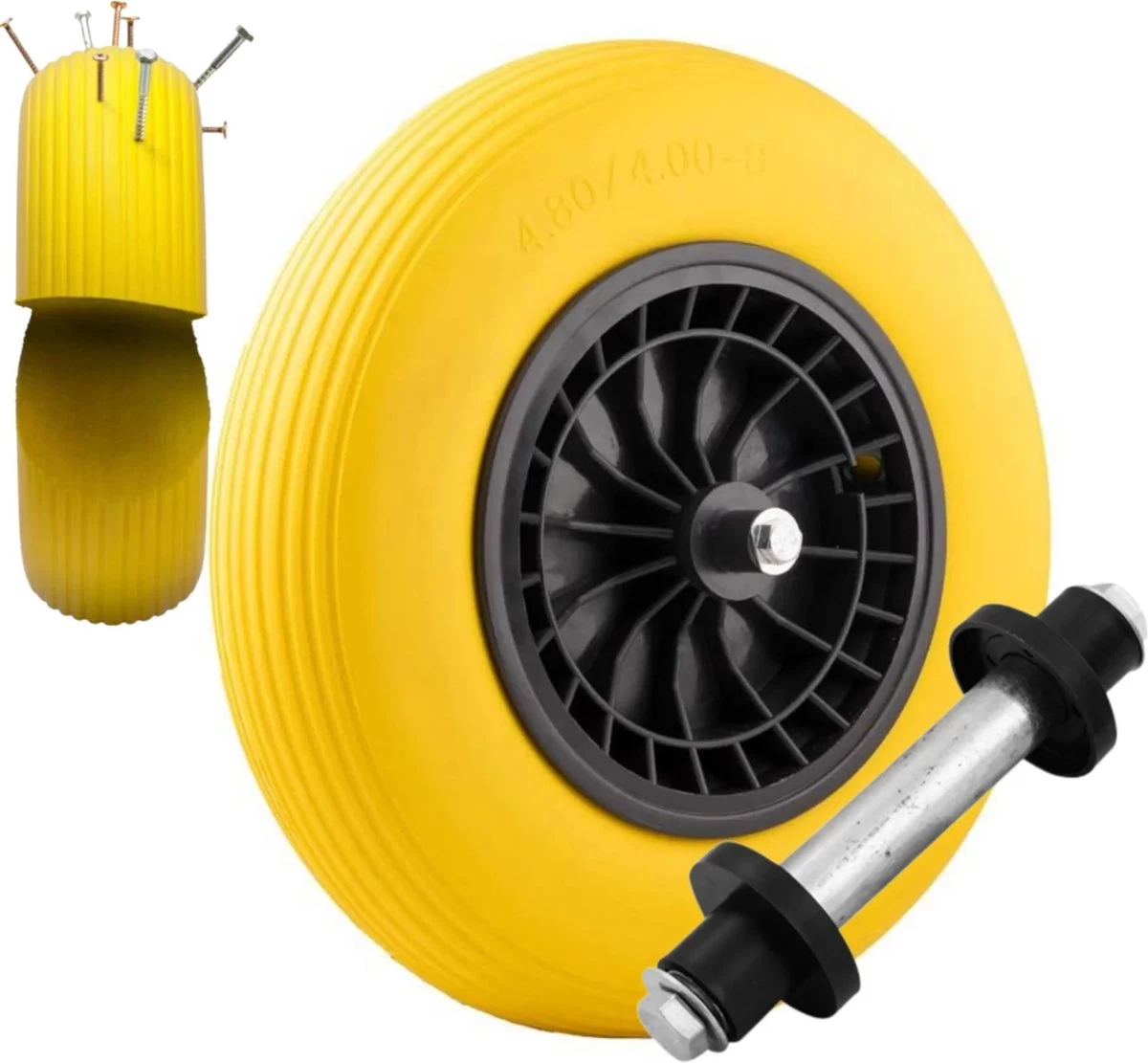 Merkloos Kruiwagenwiel Anti Lek - 4.80/4.00-8 - Massief PU Band - Lekvrij Wiel Met 130mm As - Kruiwagenband 4.80/400 Voor Kruiwagen