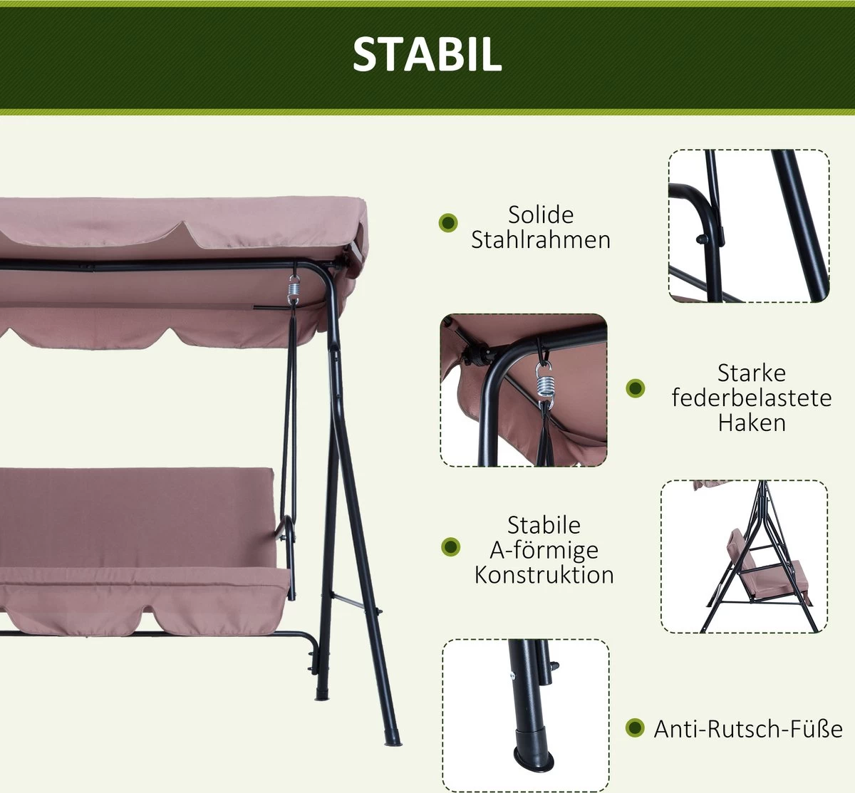 Outsunny Hollywoodschommel 3-zits Tuinschommel Schommelbank Met Dak 3 Kleuren 84A-054 - Image 7