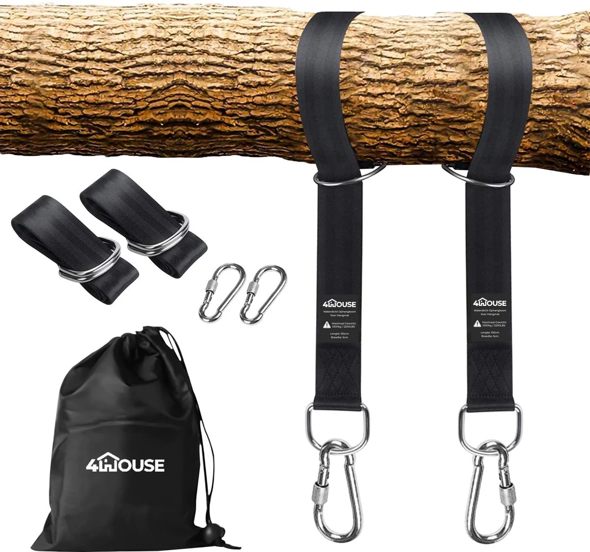 4House Ophang Koord Voor Hangmat, Hangstoel / Schommel - Hangmat Bevestigingsset Inclusief Haken - Karabijnhaak - Hangmat Standaard -Schommelophangset - Hangmat Ophangsysteem -150cm - Tot 1000kg - Boomvriendelijke Hangmat Ophangset - Set Van 2Stuks