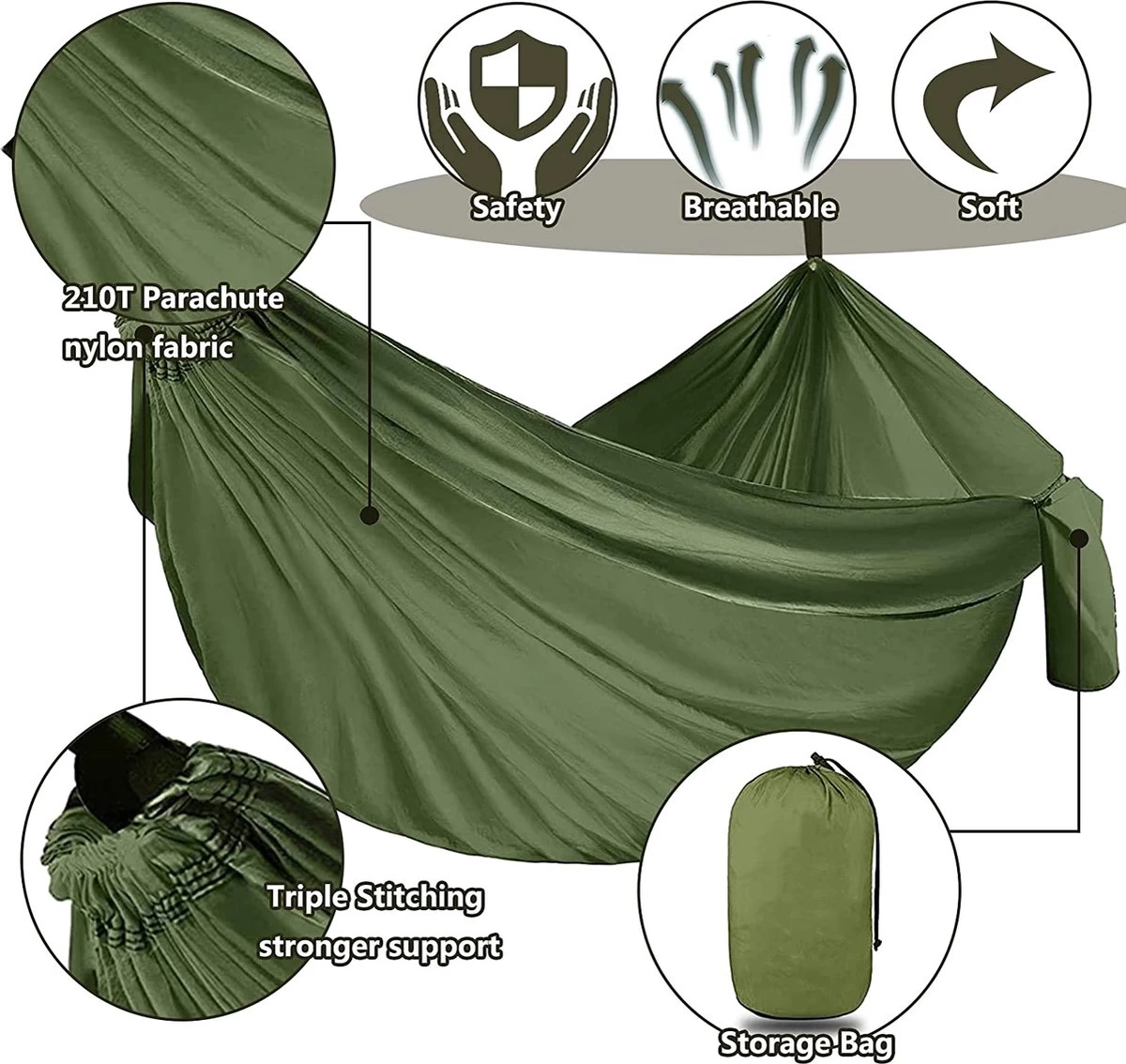 IBright Hangmat XXL - Complete Set – Incl. Karabijnhaken En Riemen - Tot 200 Kg - 270x140cm - Leger Groen - Image 4