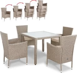 Casaria Polyrattan Tuinset - 4 Stoelen & Tafel 90x90 Cm - Beige Grijs