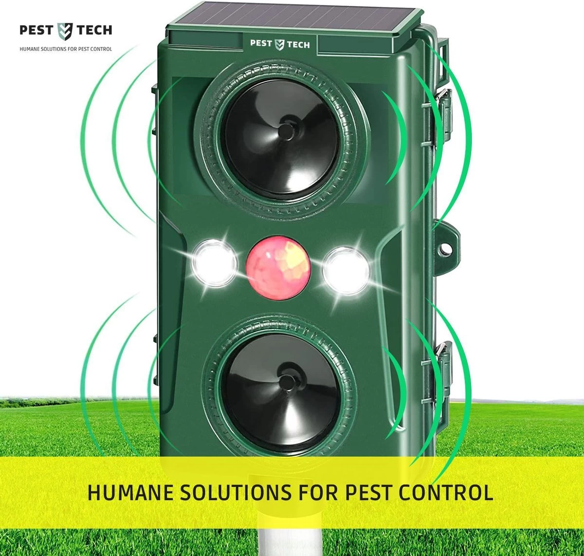 Pest-Tech | Supersonisch Flash Kattenverjager | Met Smart-Modus | Groter Bereik | Betere Frequenties |Kattenschrik | Werkt Op Zonne-energie M/ USB Oplaadkabel