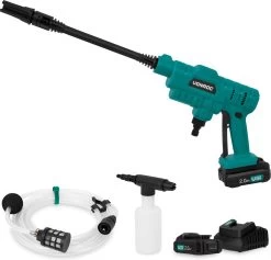 VONROC Accu Drukreiniger 20V – 24bar – 198 L/h - Incl. 5m Aanzuigslang, Reinigingsmiddelenfles En Regelbare Spuitmond – Incl. 2x 2.0Ah Accu En Snellader