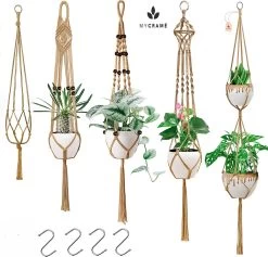 5 Stuks Jute Macrame Plantenhangers - Boho Handgeweven Katoen Hangpot Voor Binnen/Buiten - Hangende Bloempot Met Kralen - Macramé Touw/Koord Hangplant Houder - Bohemian Wandhanger Decoratie - Plant Hanger - Verticale Tuin Bloempothouder Planthanger