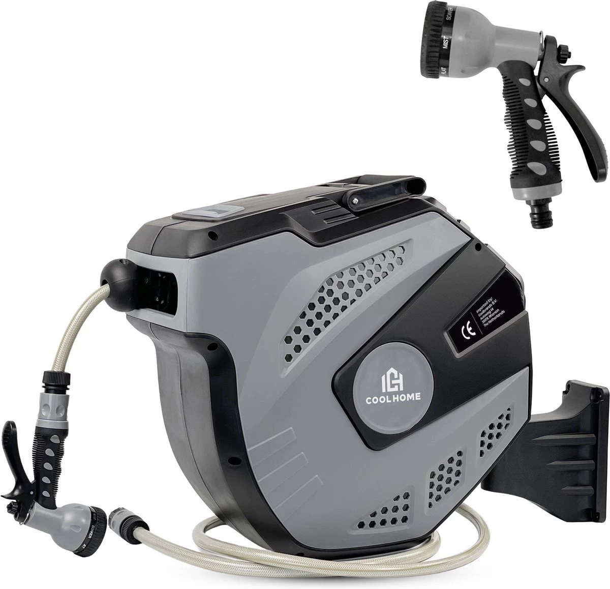 CoolHome - Wandslangenbox 20 Meter + 2 Meter - Tuinslang Met Haspel- Slangenhouder 180° Draaibaar - Tuinslanghaspel Zwart - Grijs - Image 8