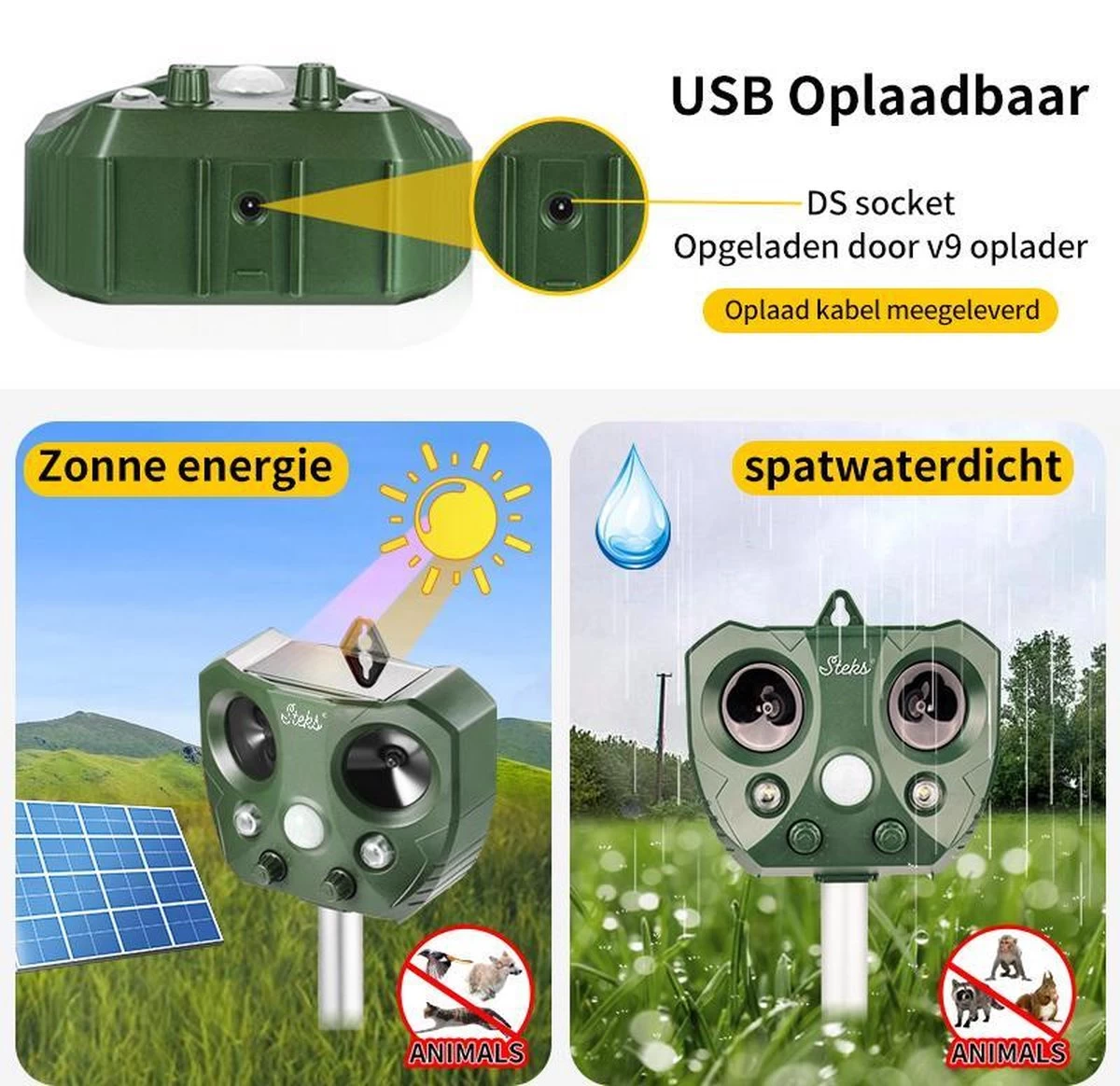 Steks® Ultrasone Kattenverjager - Kattenschrik - Katten Afweermiddel - Zonneenergie - Marterverjager - Op Batterijen - Met Adapter - Tuin - Ongedierte Verjager - Image 4