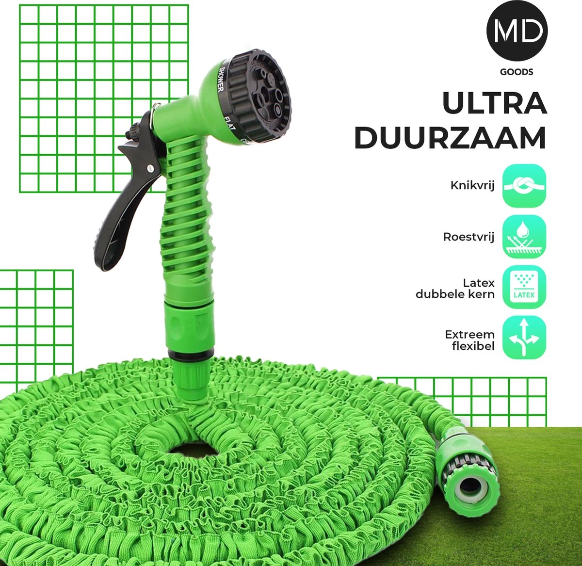 Uitrekbare Tuinslang Tot 15 Meter Van MD-goods ® - Tuinsproeier - Tuin Besproeien - Waterslang - Sproeikop - Groen - Flexibel Elastisch - Image 2