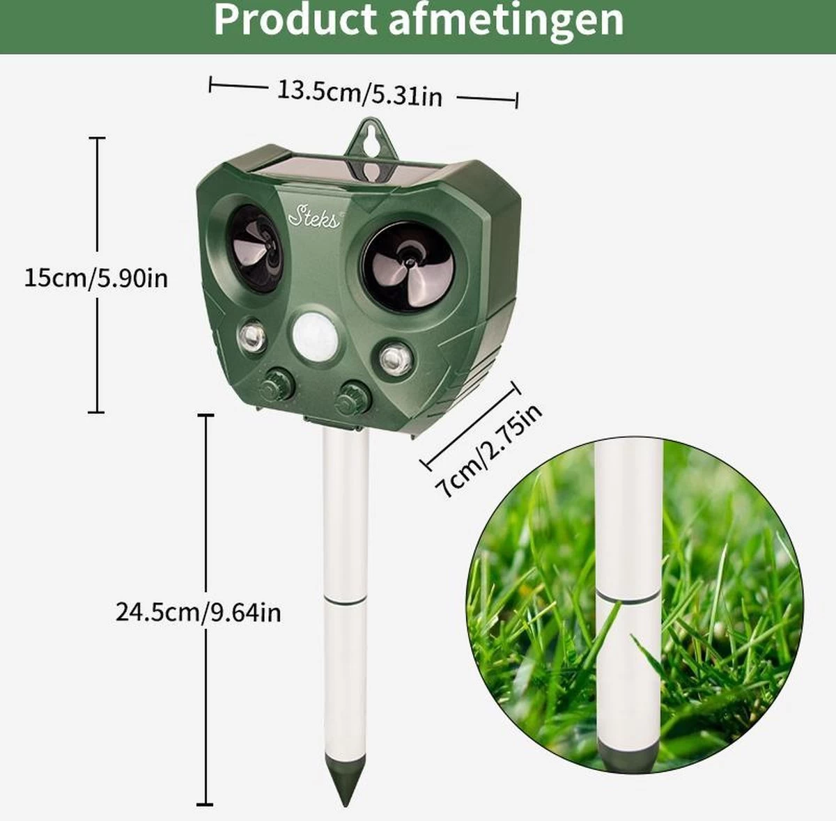 Steks® Ultrasone Kattenverjager - Kattenschrik - Katten Afweermiddel - Zonneenergie - Marterverjager - Op Batterijen - Met Adapter - Tuin - Ongedierte Verjager - Image 3
