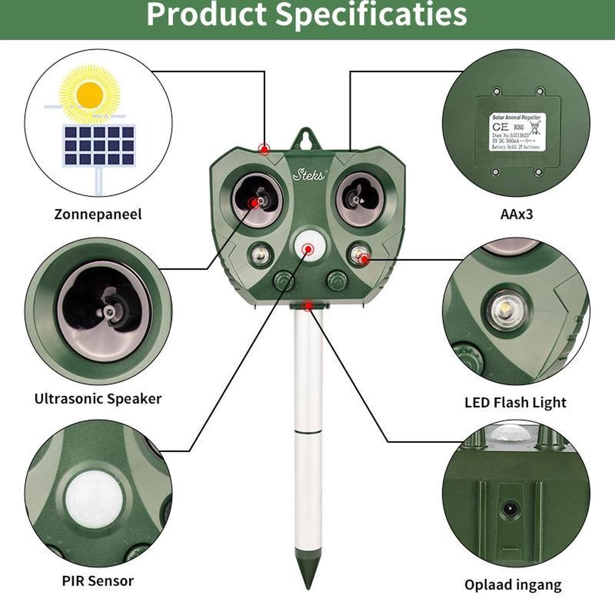 Steks® Ultrasone Kattenverjager - Kattenschrik - Katten Afweermiddel - Zonneenergie - Marterverjager - Op Batterijen - Met Adapter - Tuin - Ongedierte Verjager - Image 8
