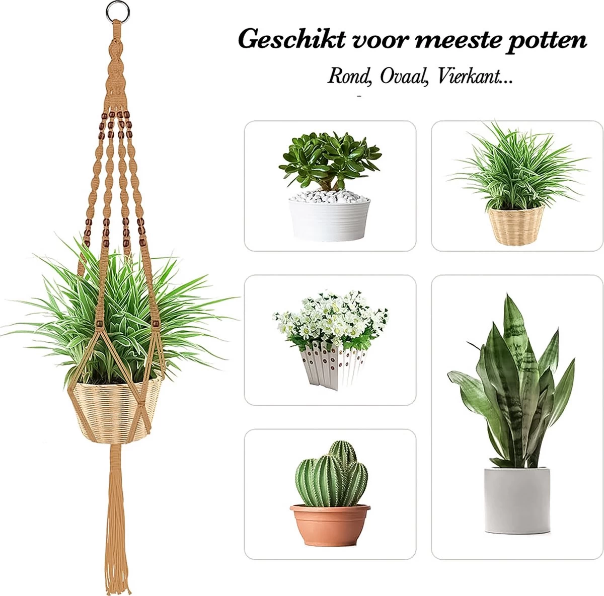 5 Stuks Jute Macrame Plantenhangers - Boho Handgeweven Katoen Hangpot Voor Binnen/Buiten - Hangende Bloempot Met Kralen - Macramé Touw/Koord Hangplant Houder - Bohemian Wandhanger Decoratie - Plant Hanger - Verticale Tuin Bloempothouder Planthanger - Image 4