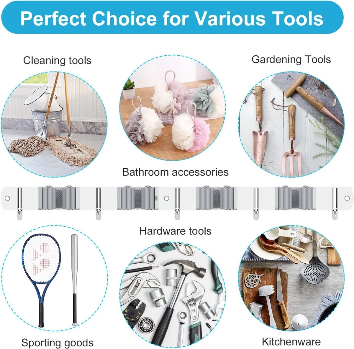 BOTC Bezemhouder - 5 Houders 6 Haken Bezem Ophangsysteem - Zeflklevend - Opbergsysteem - Ophanghaken - Tuingereedschap - Gereedschap Opbergen - Image 6