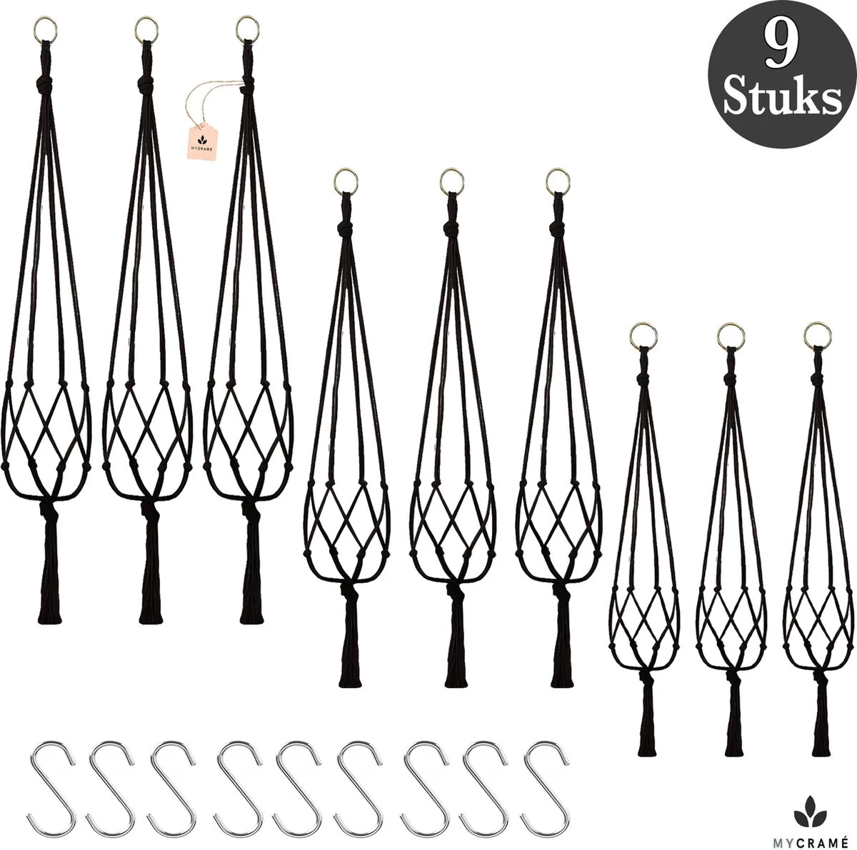 9 Stuks Zwart Macrame Plantenhangers - Boho Handgeweven Katoen Hangpot Voor Binnen/Buiten - Hangende Bloempot Met Kralen - Macramé Touw/Koord Hangplant Houder - Bohemian Wandhanger Decoratie - Plant Hanger - Verticale Tuin Bloempothouder Planthanger