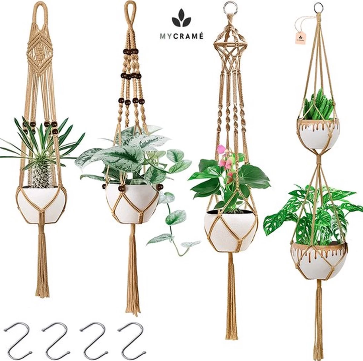 5 Stuks Jute Macrame Plantenhangers - Boho Handgeweven Katoen Hangpot Voor Binnen/Buiten - Hangende Bloempot Met Kralen - Macramé Touw/Koord Hangplant Houder - Bohemian Wandhanger Decoratie - Plant Hanger - Verticale Tuin Bloempothouder Planthanger - Image 7
