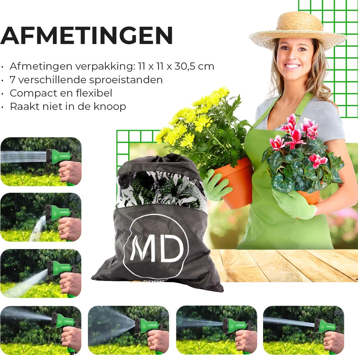 Uitrekbare Tuinslang Tot 15 Meter Van MD-goods ® - Tuinsproeier - Tuin Besproeien - Waterslang - Sproeikop - Groen - Flexibel Elastisch - Image 4