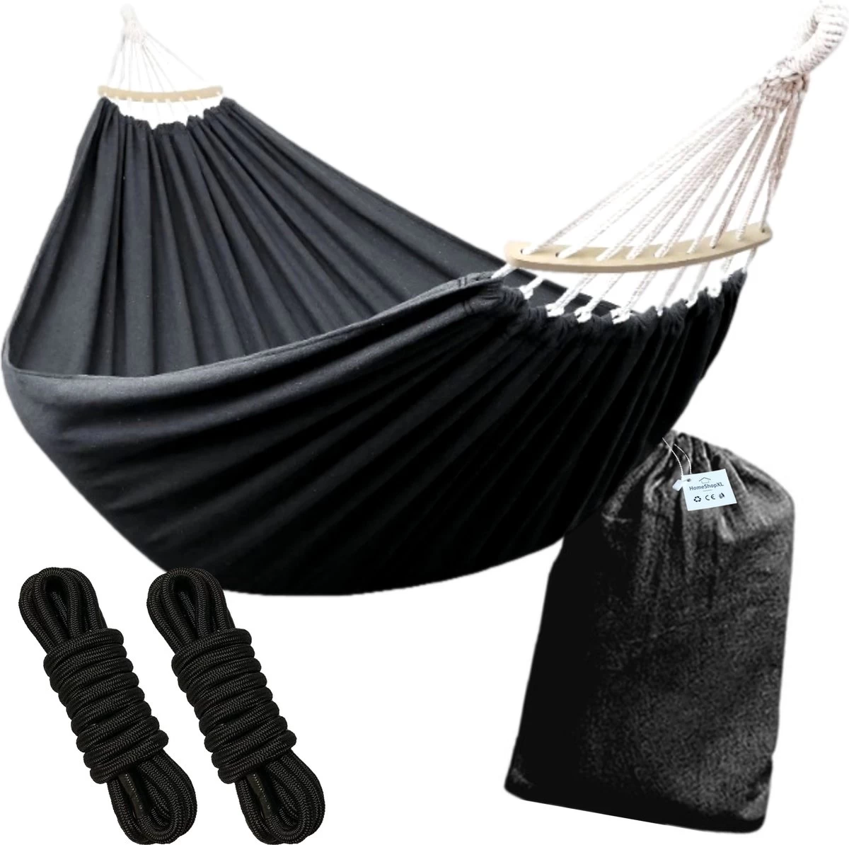 Dubbele Hangmat Zwart Met Spreidstok - 1 Of 2 Persoons - Lig Oppervlak 190x150cm - Lengte 260cm