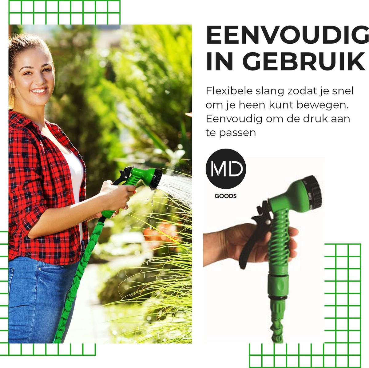 Uitrekbare Tuinslang Tot 15 Meter Van MD-goods ® - Tuinsproeier - Tuin Besproeien - Waterslang - Sproeikop - Groen - Flexibel Elastisch - Image 6