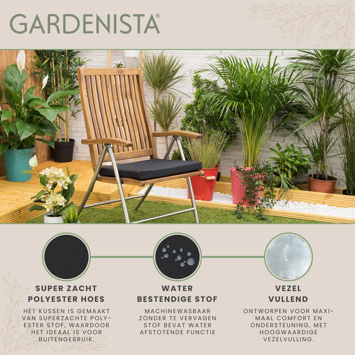 Gardenista Stoelkussen - Waterbestendige Tuinkussens Voor Binnen En Buiten - Zitkussen Met Lint - Kussens Voor Tuinstoel - Image 5