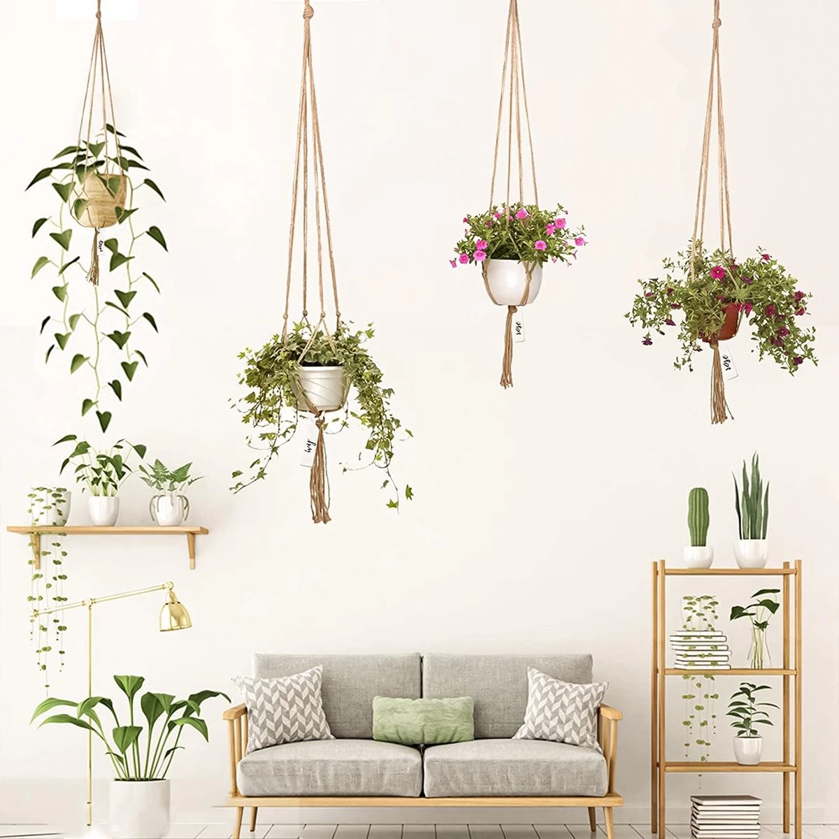 9 Stuks Jute Macrame Plantenhangers - Boho Handgeweven Katoen Hangpot Voor Binnen/Buiten - Hangende Bloempot Met Kralen - Macramé Touw/Koord Hangplant Houder - Bohemian Wandhanger Decoratie - Plant Hanger - Verticale Tuin Bloempothouder Planthanger - Image 2