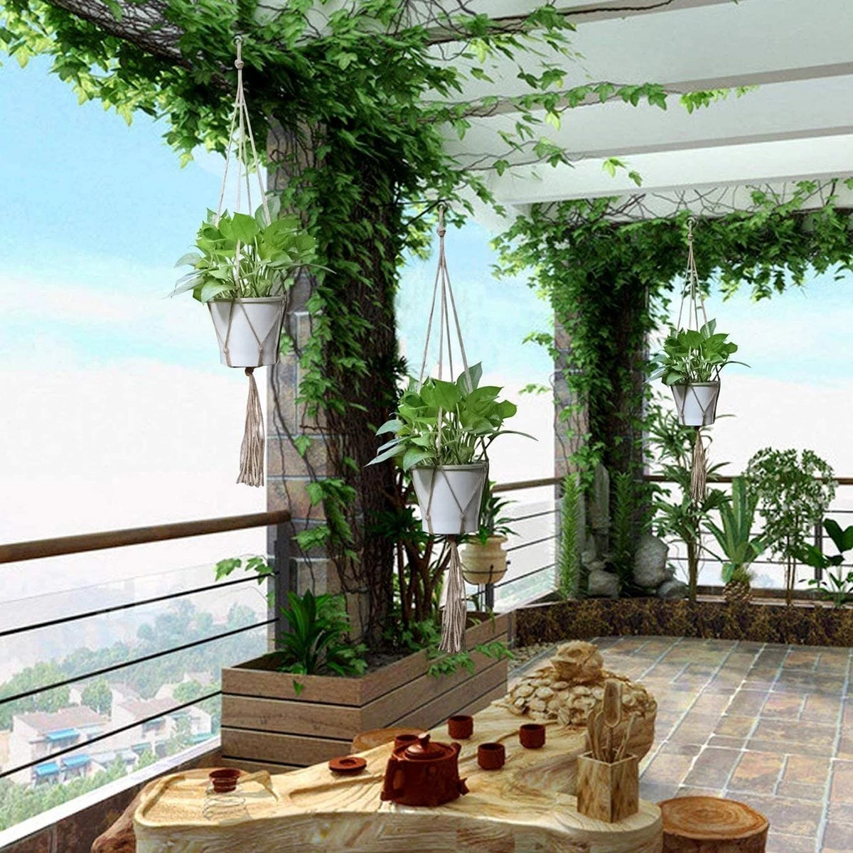 9 Stuks Jute Macrame Plantenhangers - Boho Handgeweven Katoen Hangpot Voor Binnen/Buiten - Hangende Bloempot Met Kralen - Macramé Touw/Koord Hangplant Houder - Bohemian Wandhanger Decoratie - Plant Hanger - Verticale Tuin Bloempothouder Planthanger - Image 3