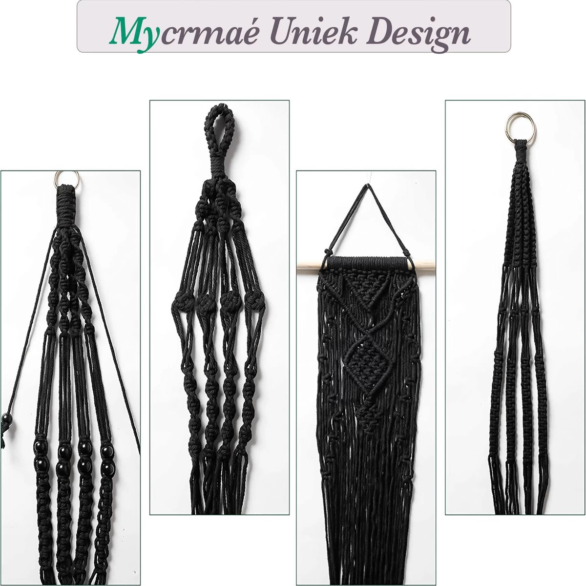 4 Stuks Luxe Macrame Plantenhangers - Boho Handgeweven Katoen Hangpot Voor Binnen/Buiten - Hangende Bloempot Met Kralen - Macramé Touw/Koord Hangplant Houder - Bohemian Wandhanger Decoratie - Plant Hanger - Verticale Tuin Bloempothouder Planthanger - Image 3