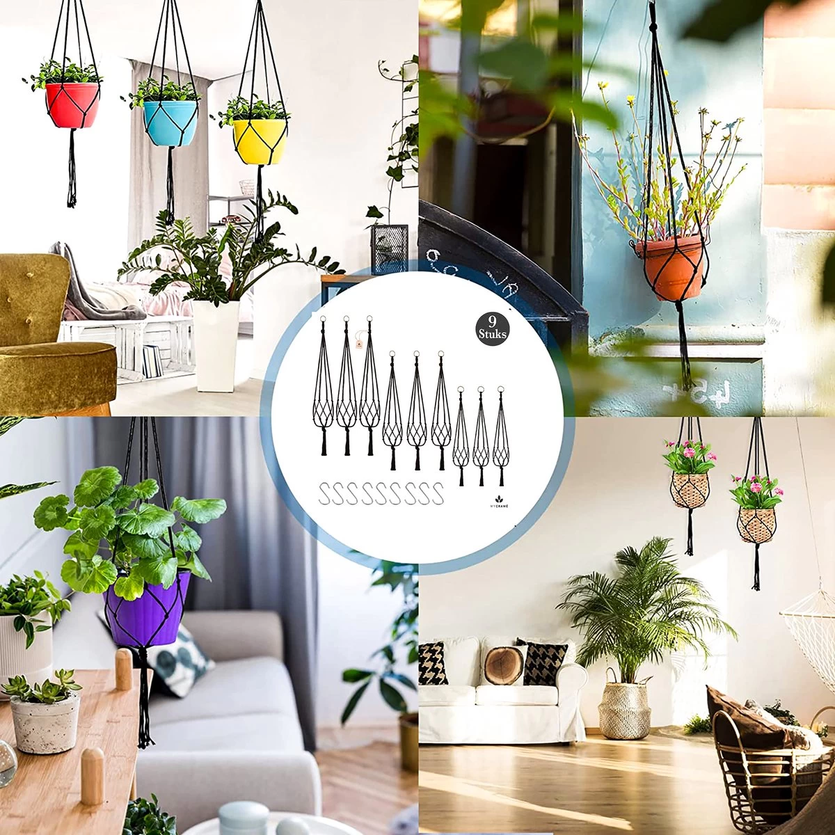 9 Stuks Zwart Macrame Plantenhangers - Boho Handgeweven Katoen Hangpot Voor Binnen/Buiten - Hangende Bloempot Met Kralen - Macramé Touw/Koord Hangplant Houder - Bohemian Wandhanger Decoratie - Plant Hanger - Verticale Tuin Bloempothouder Planthanger - Image 2