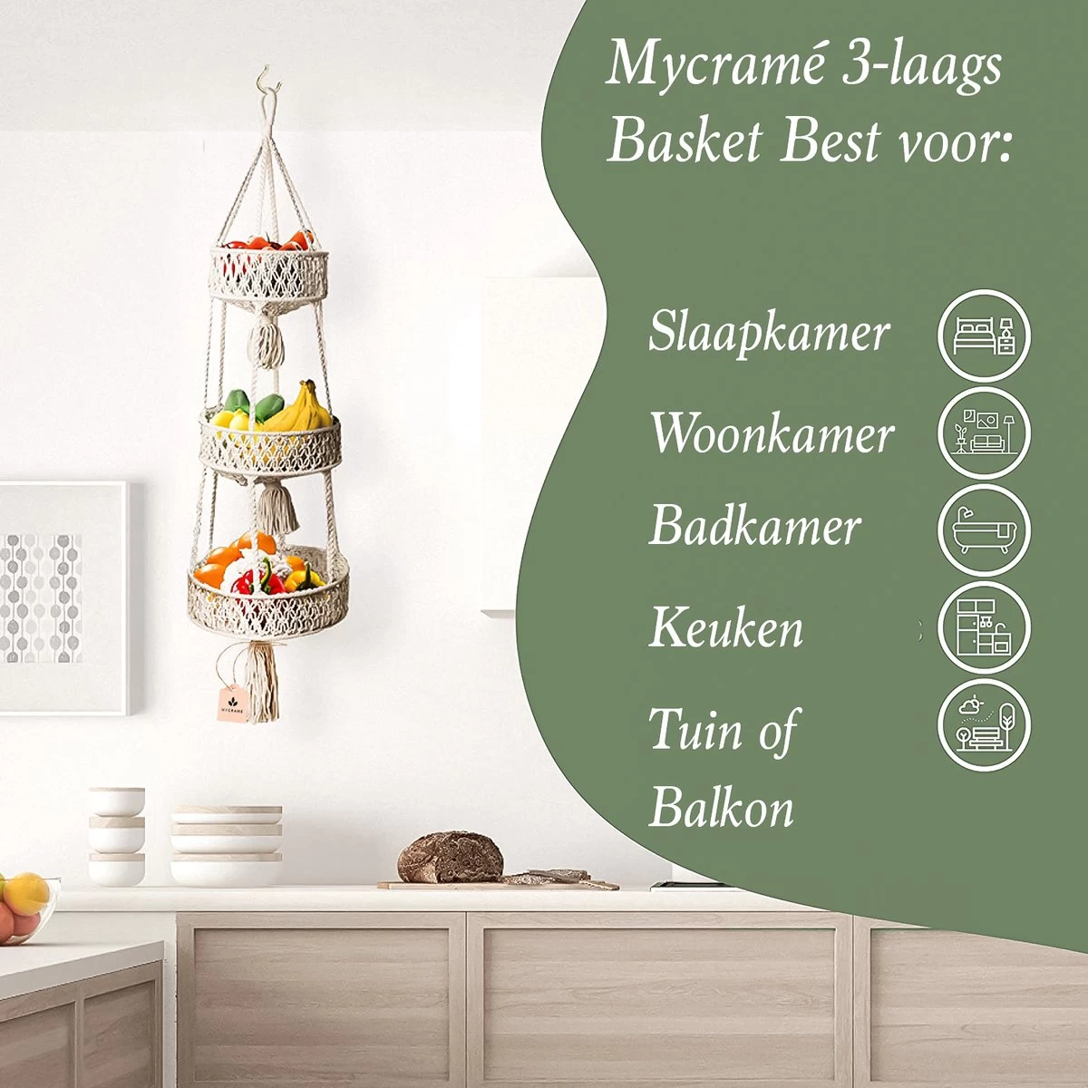 Macramé 3-Laags Hangende Fruitmand - Bohemian Mand Plantenhanger - Handgemaakt Katoen Touw Fruitschaal Hangmand - Boho Ophangbaar Etagere - Decoratieve Fruit Schaal/Basket - Opbergmand Organizer - Keuken/Balkon Decoratie - Hangpot Voor Binnen/Buiten - Image 2