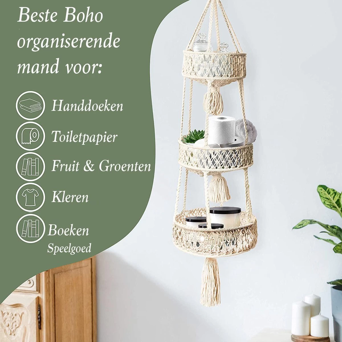 Macramé 3-Laags Hangende Fruitmand - Bohemian Mand Plantenhanger - Handgemaakt Katoen Touw Fruitschaal Hangmand - Boho Ophangbaar Etagere - Decoratieve Fruit Schaal/Basket - Opbergmand Organizer - Keuken/Balkon Decoratie - Hangpot Voor Binnen/Buiten - Image 3