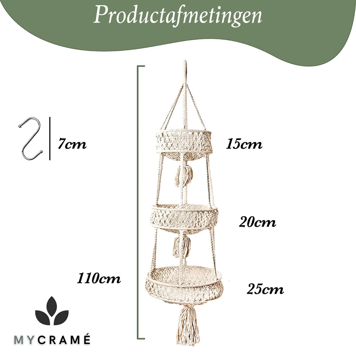 Macramé 3-Laags Hangende Fruitmand - Bohemian Mand Plantenhanger - Handgemaakt Katoen Touw Fruitschaal Hangmand - Boho Ophangbaar Etagere - Decoratieve Fruit Schaal/Basket - Opbergmand Organizer - Keuken/Balkon Decoratie - Hangpot Voor Binnen/Buiten - Image 7