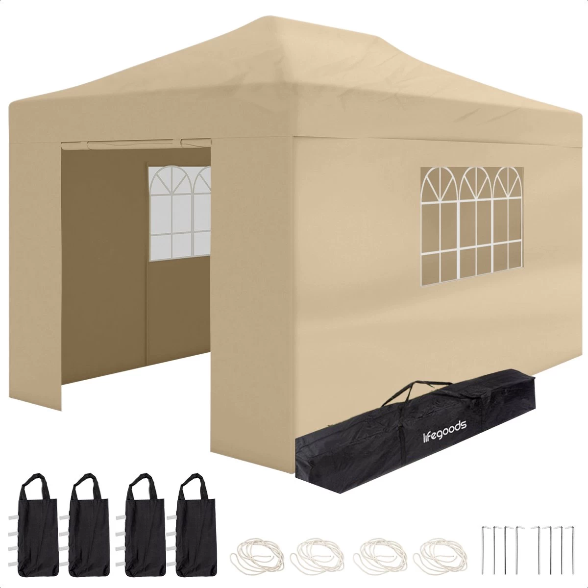 LifeGoods Partytent - 3x4.5 M - Zijwanden - Easy Up - Opvouwbaar - Waterdicht - Draagtas Met Wieltjes - Beige