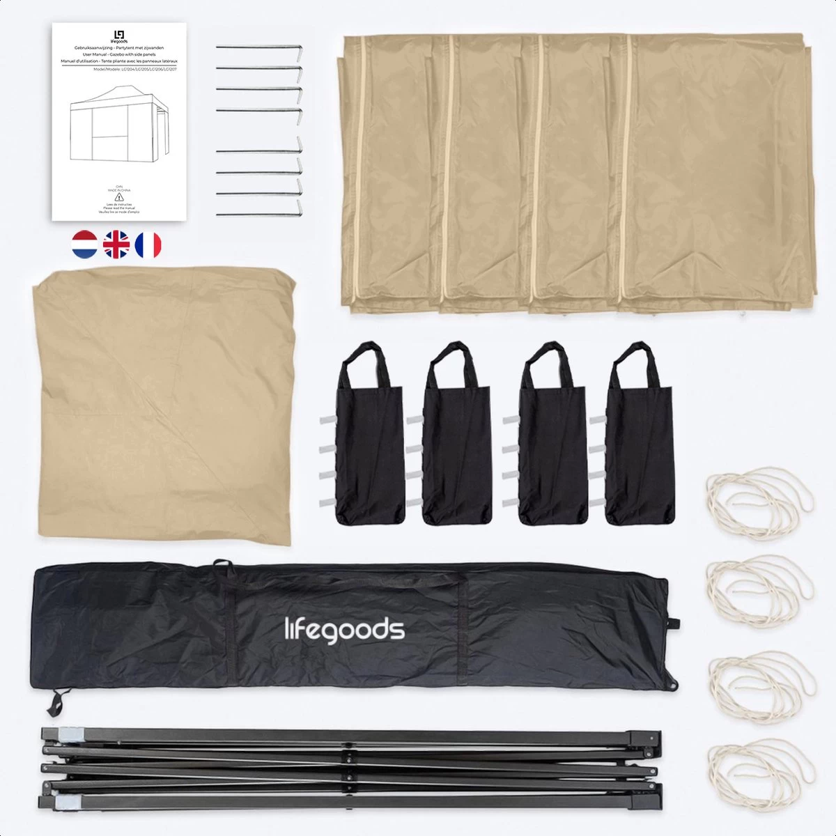 LifeGoods Partytent - 3x4.5 M - Zijwanden - Easy Up - Opvouwbaar - Waterdicht - Draagtas Met Wieltjes - Beige - Image 4