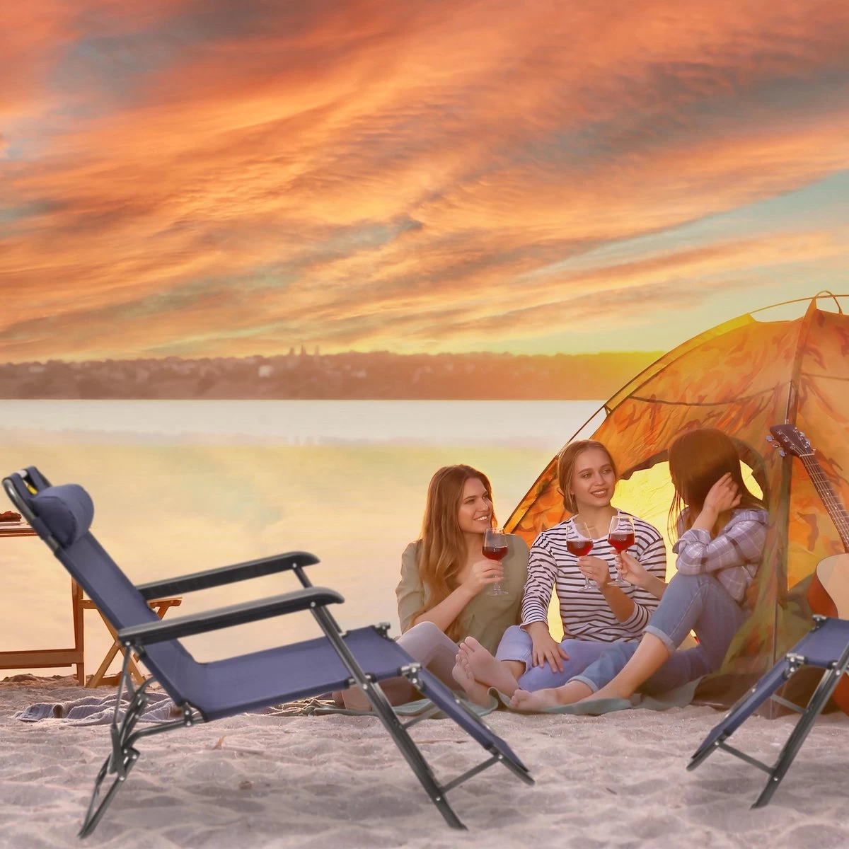 Relaxdays Ligstoel Inklapbaar - Ligbed Met Hoofdsteun - Strandstoel Verstelbaar - Camping - Donkerblauwe - Image 3