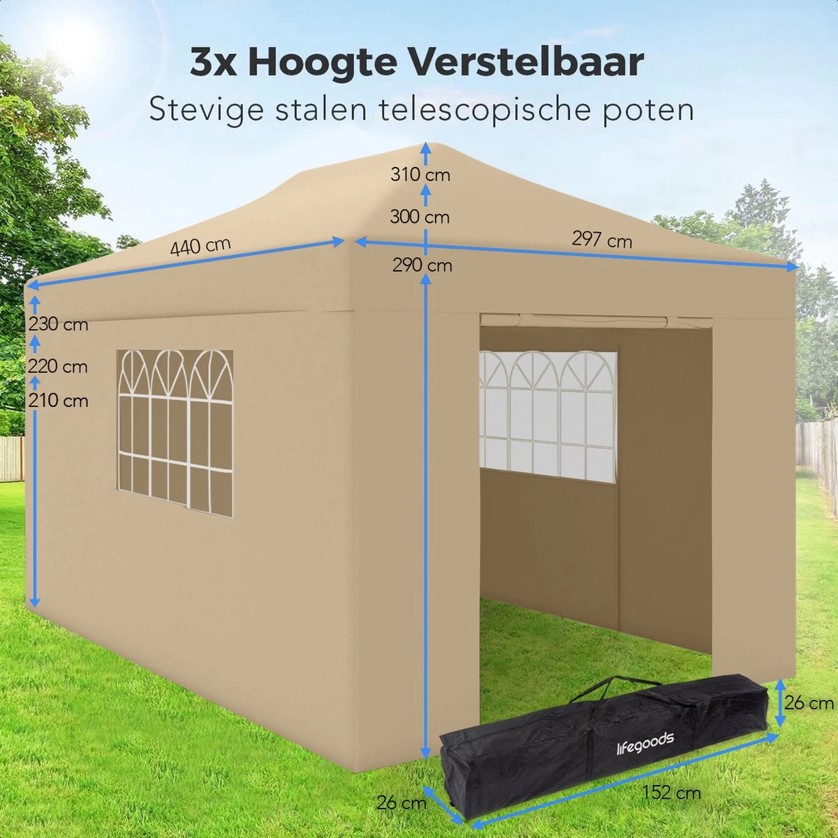 LifeGoods Partytent - 3x4.5 M - Zijwanden - Easy Up - Opvouwbaar - Waterdicht - Draagtas Met Wieltjes - Beige - Image 5