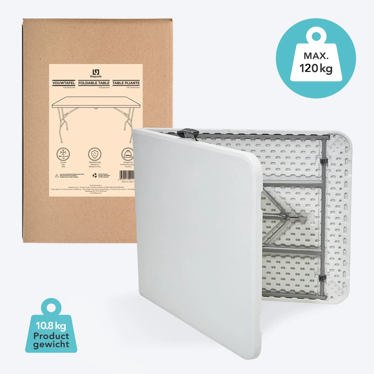 LifeGoods Klaptafel - Inklapbaar - 70x180cm - Verstelbare Vouwtafel - Weerbestendig - Wit - Image 4